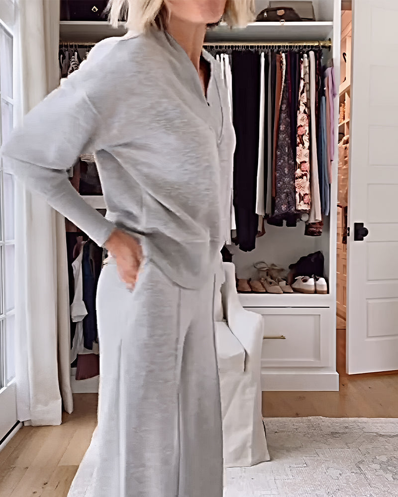 Women's Solid Color V-neck Top & Pants Two-piece Set