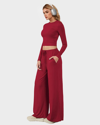 Wide-Leg Lounge Set for Women Stretchy Crop Top & Pants