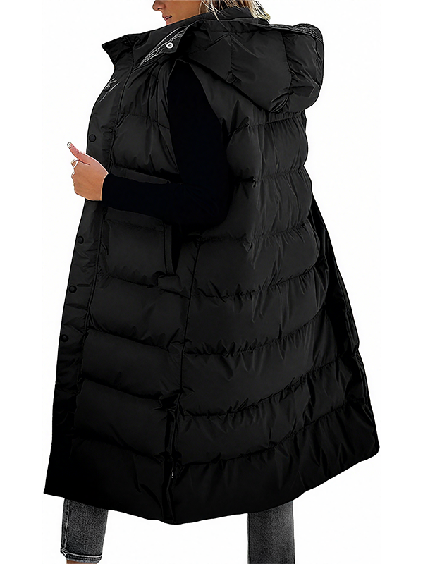 Women's Long Puffer Vest | Quilted Hood & Button Closure