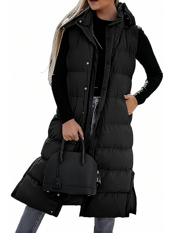 Women's Long Puffer Vest | Quilted Hood & Button Closure