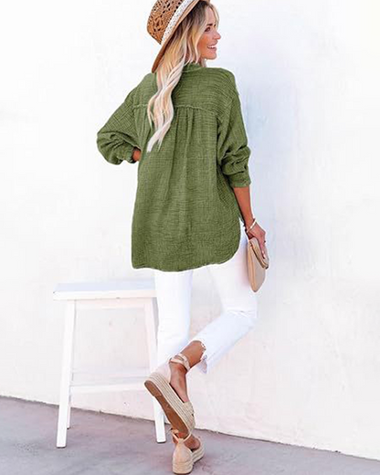 Womens Casual Button V Neck Long Sleeve Shirts Solid Blouses Tops