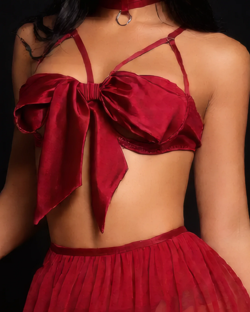 Red Silk Bow Pajama Set Minimalist Elegant Sleepwear
