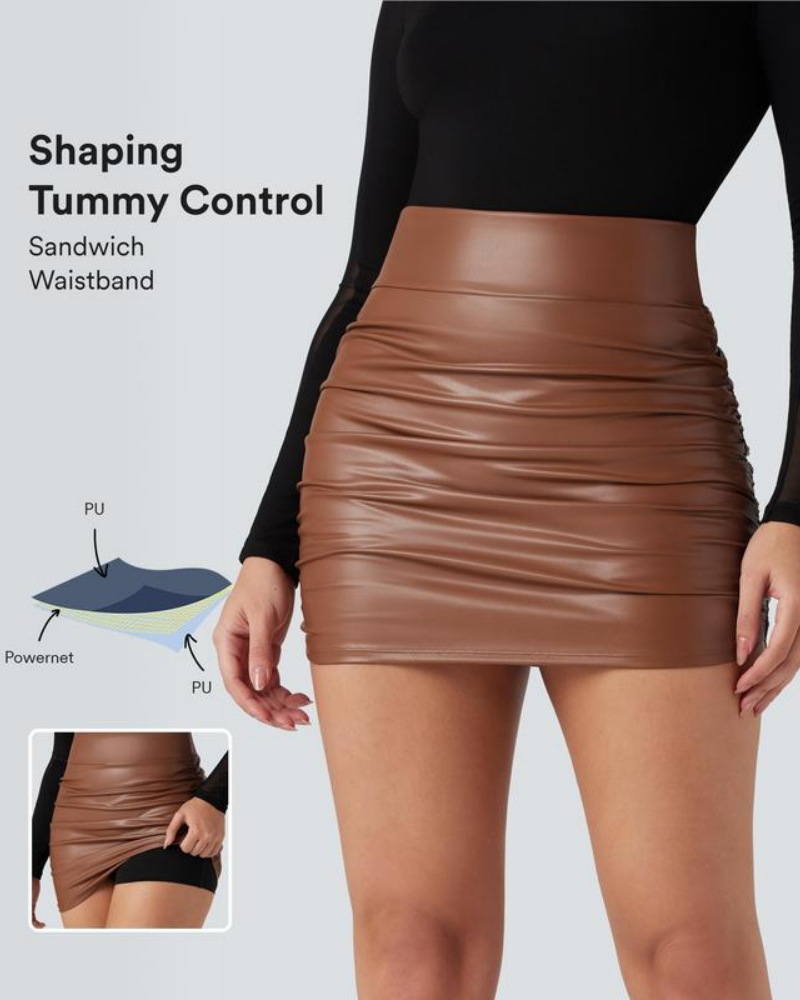 High Waisted Tummy Control Ruched Fleece Mini Skirt