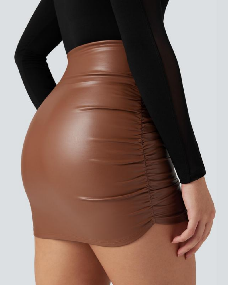 High Waisted Tummy Control Ruched Fleece Mini Skirt