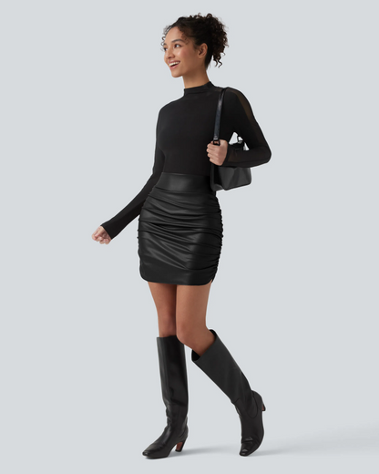 High Waisted Tummy Control Ruched Fleece Mini Skirt