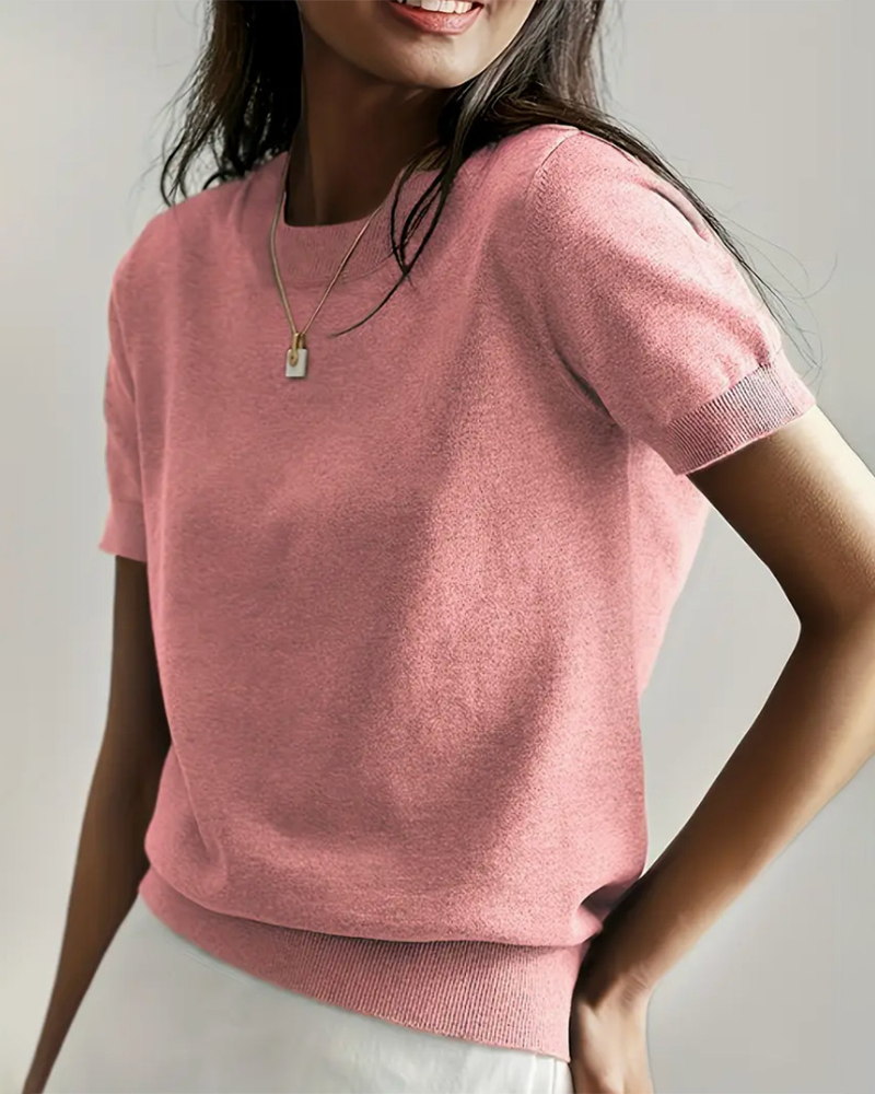 Women's Solid Color Crew Neck Short Sleeve Sweater