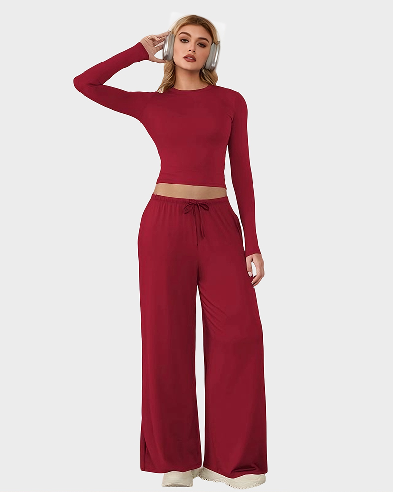 Wide-Leg Lounge Set for Women Stretchy Crop Top & Pants