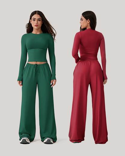 Wide-Leg Lounge Set for Women Stretchy Crop Top & Pants