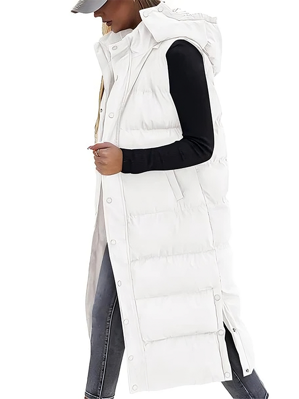 Women's Long Puffer Vest | Quilted Hood & Button Closure