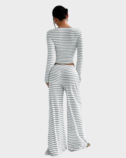 Stripe Crop Top & Wide Leg Two-Piece Lounge Set