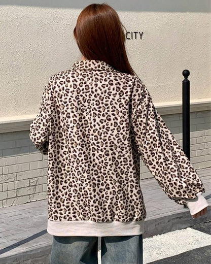 Women Casual Zip Up Front Long Sleeve Leopard Print Sweatshirt