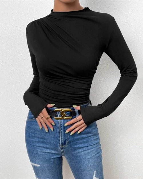 Slim Fit Ruched High-Neck T-Shirt Top