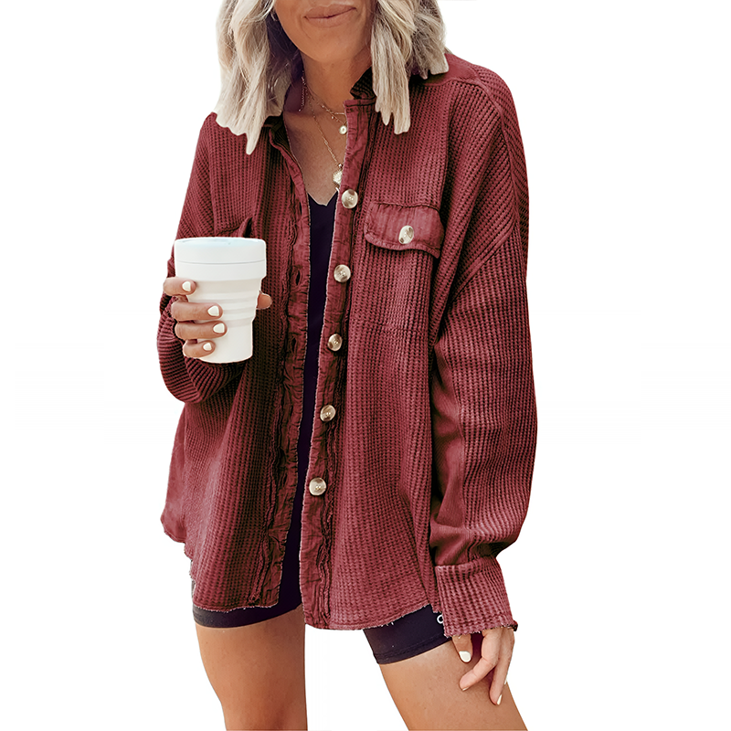 Women's Loose Fit Batwing Sleeve Waffle Knit Button Down Shirt Shacket Tops