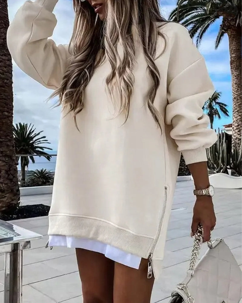 Casual Long Sleeve Zipper Slit Oversized Sweatshirt