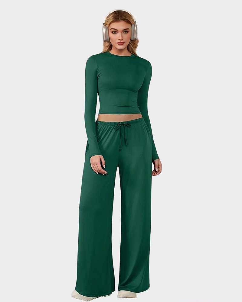 Wide-Leg Lounge Set for Women Stretchy Crop Top & Pants