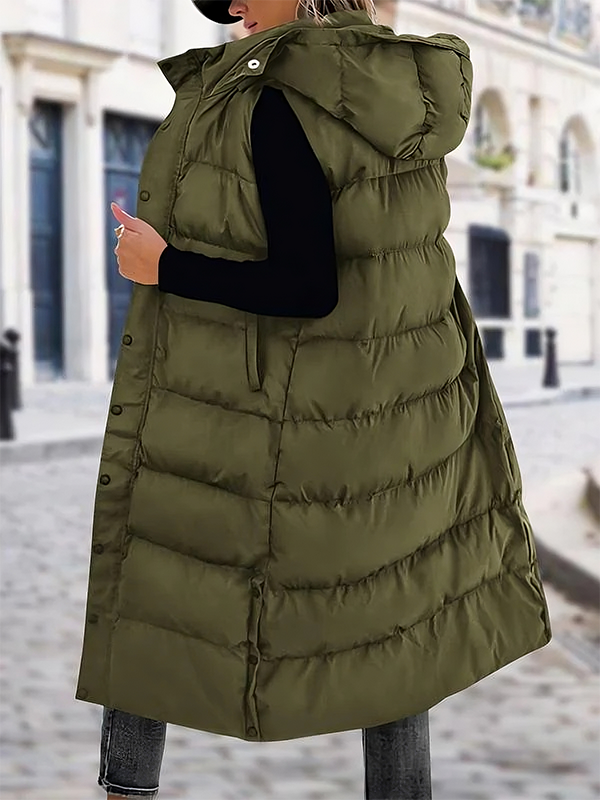 Women's Long Puffer Vest | Quilted Hood & Button Closure