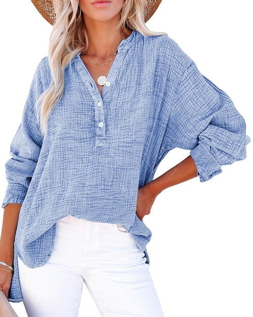 Womens Casual Button V Neck Long Sleeve Shirts Solid Blouses Tops