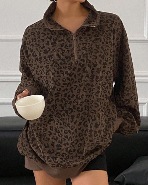 Women Casual Zip Up Front Long Sleeve Leopard Print Sweatshirt