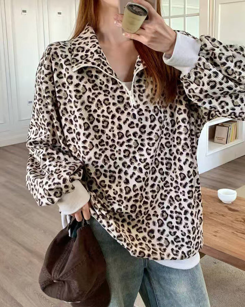Women Casual Zip Up Front Long Sleeve Leopard Print Sweatshirt