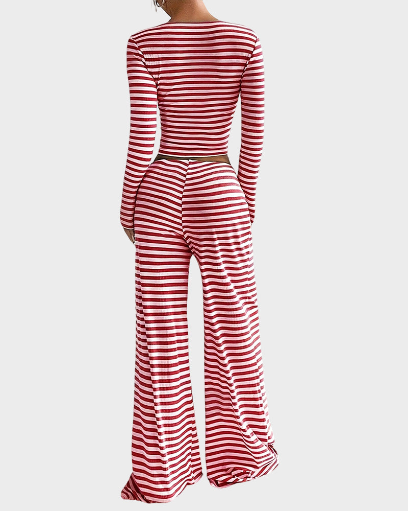 Stripe Crop Top & Wide Leg Two-Piece Lounge Set