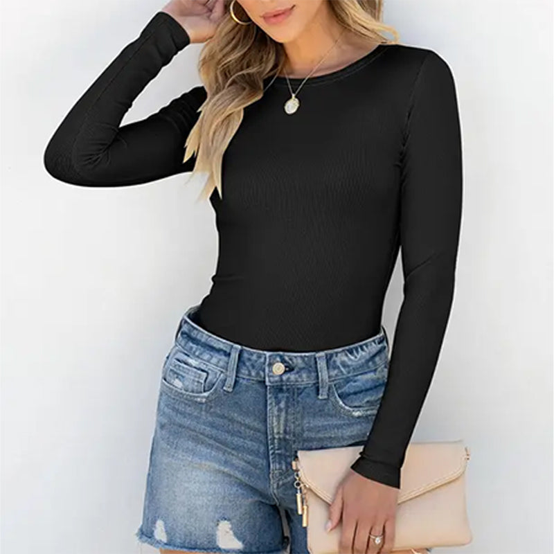 Women Long Sleeve Crewneck Rib Knit Slim Fit Shirts Basic Tee Tops