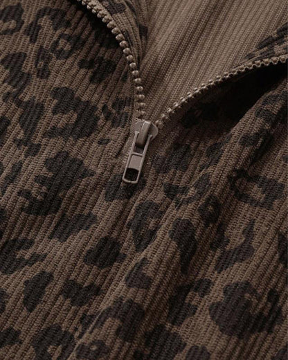 Women Casual Zip Up Front Long Sleeve Leopard Print Sweatshirt