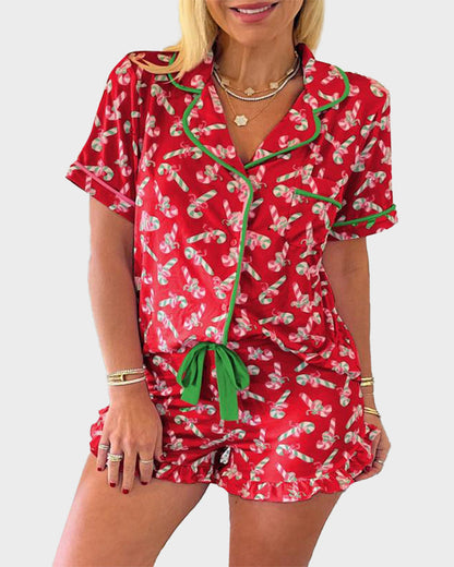 Christmas Candy Cane Print Pajama Short Set