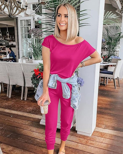 Off-Shoulder Short Sleeve Beam Foot Jumpsuit