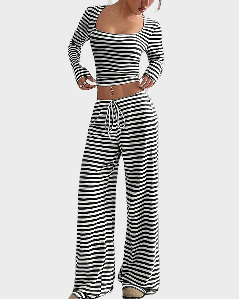 Stripe Crop Top & Wide Leg Two-Piece Lounge Set