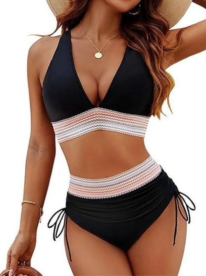 High Waisted Tummy Control Color Block Bikini Sets