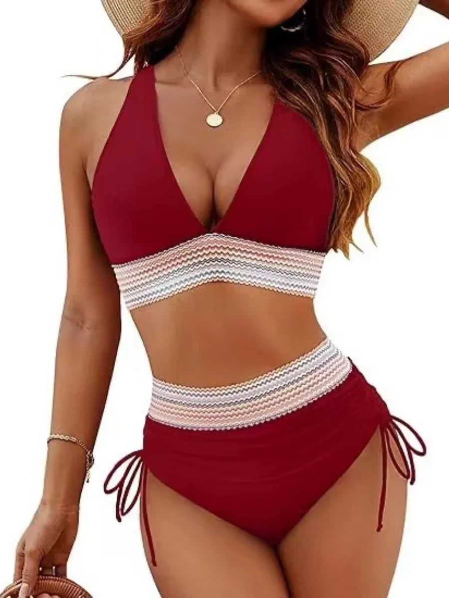 High Waisted Tummy Control Color Block Bikini Sets