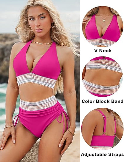 2025 High Waisted Tummy Control Color Block Bikini Sets