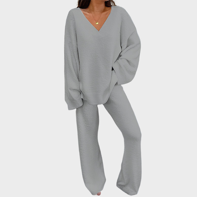 Soft Fuzzy V-Neck Loungewear Set