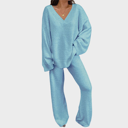 Soft Fuzzy V-Neck Loungewear Set