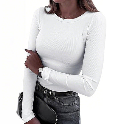 Women Long Sleeve Crewneck Rib Knit Slim Fit Shirts Basic Tee Tops