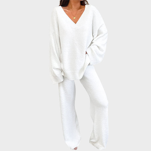 Soft Fuzzy V-Neck Loungewear Set
